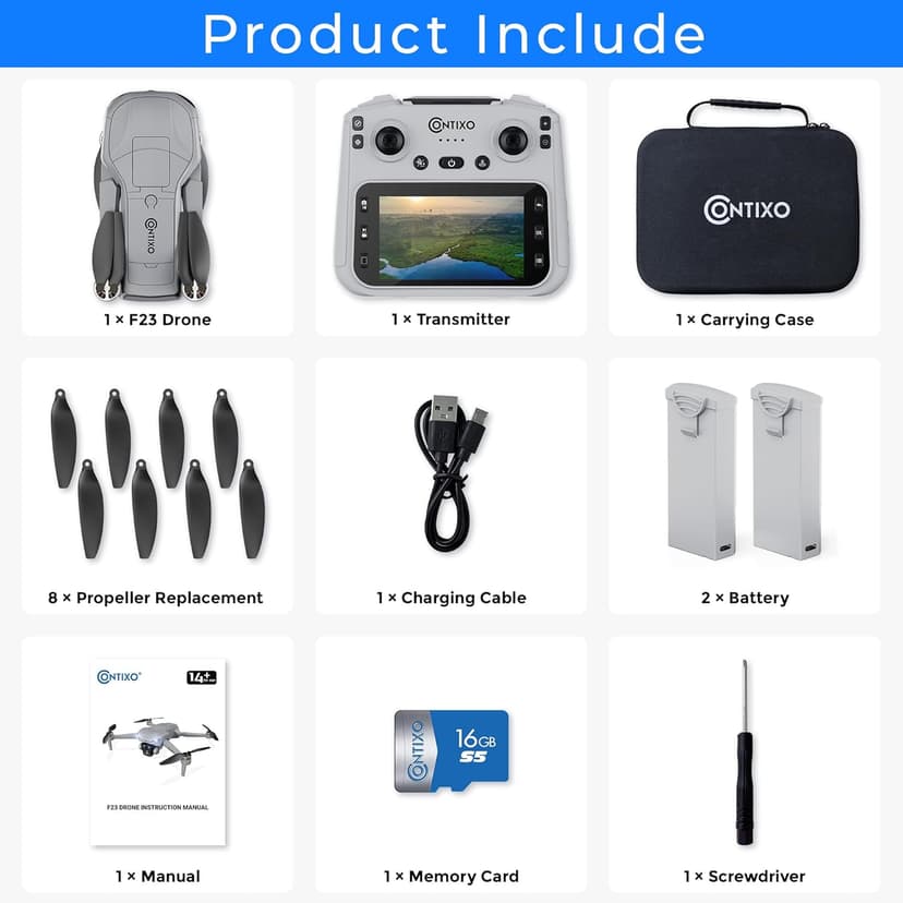 Contixo F23 GPS Drone With Camera, 46 Min Flight Time, 4.5" Screen Remote, Follow Me, Waypoints, 5GHz FPV Transmission, Return to Home, Hand Gestures, Orbit Mode Foldable Drones For Teens & Adults