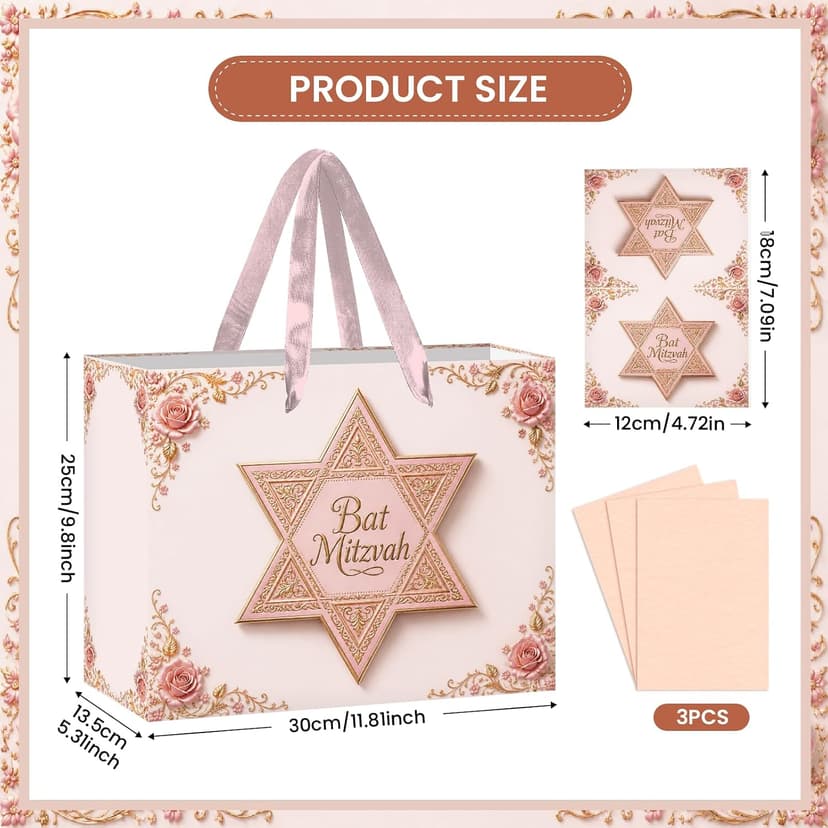 Bat Mitzvah Gift Bag Set Pink Rose Gold Star of David Paper Wrapping Bag with Ribbon Handles Tissue Paper Greeting Card All In One for Jewish Coming of Age Party Favor Celebration Decoration Supplies B0H5QYF944