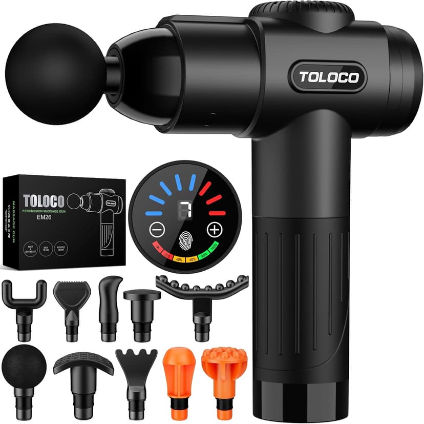 TOLOCO Massage Gun, Deep Tissue Back Massage for Athletes for Pain Relief, Percussion Massager with 10 Massages Heads & Silent Brushless Motor, Gifts for Fathers Day, Black
