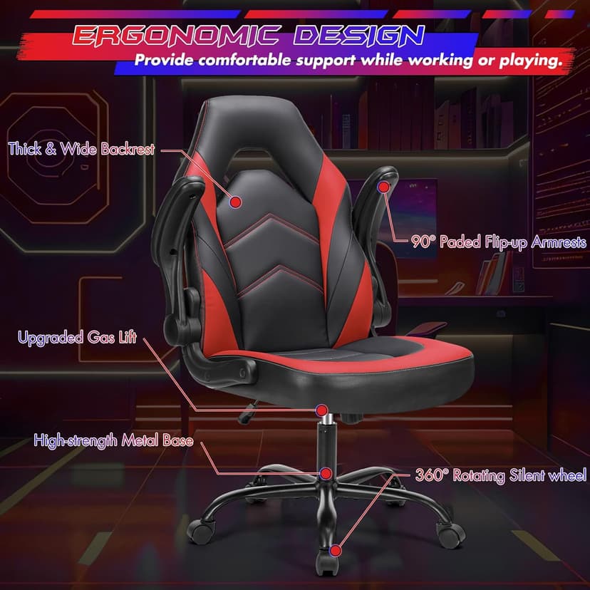 Sweetcrispy Computer Gaming Chair - PU Leather Ergonomic Lumbar Support with Flip-up Armrest and 360° Swivel Wheels, Height Adjustable Task Home Office Desk Video Racing, Red