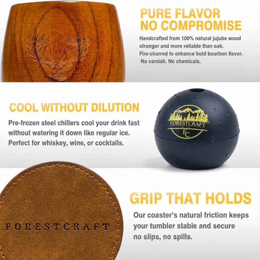 Charred Wooden Whiskey Glass Gift Set of 1 – Jujube Wood Bourbon Drinking Cup, Handmade Whiskey Tumbler with Coaster, Ice Mold & Book, Gift for Whiskey Lovers (10oz) B0H1JQVT46