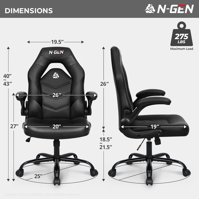 N-GEN Video Gaming Chair Ergonomic Computer Desk Office Chair with Lumbar Support Adjustable Height Swivel Wheels Flip-Up Arms PU Leather Home and Office (Black)