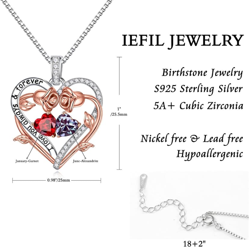 925 Sterling Silver Necklace, Gift Box Packaging, Anniversary Birthday Gifts for Women Her Wife Mom Grandma Iefil Rose Heart Double Birthstone Necklace, Gifts for Wife Her Women B0C1YY72HH