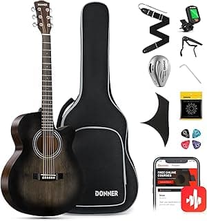 Donner Acoustic Guitar for Beginner Adult 40 Inch Cutaway Acustica Guitarra Bundle Kit with Pickup Online Lesson Bag Tuner Capo Strap Mini Jumbo Travel Teen Right Hand Black Brown DAJ-110CD