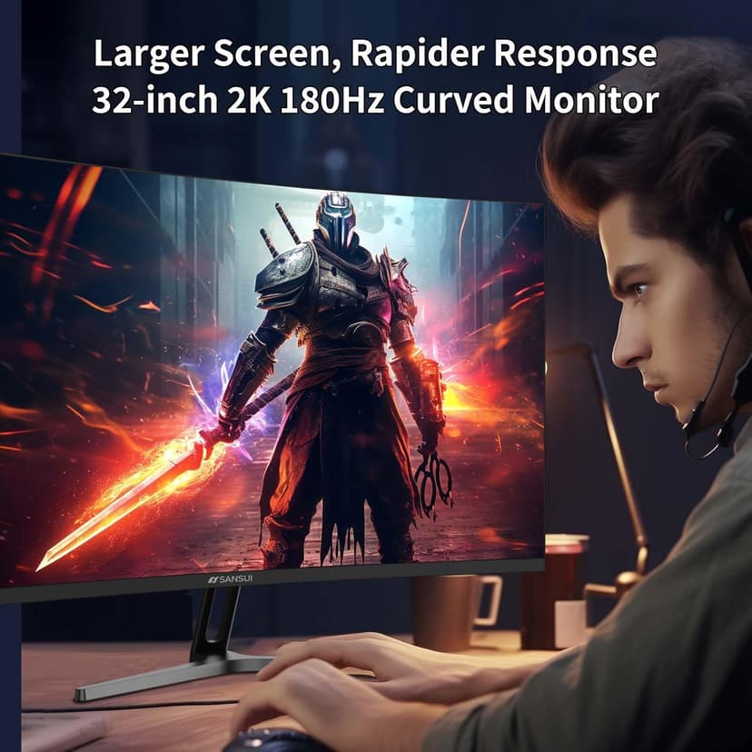 SANSUI 32-Inch Curved Gaming Monitor WQHD 2560 x 1440 180Hz Curved 1500R -Fast VA,1ms(OD), HDR, 300nits, sRGB 125%, DCI-P3 95%, FreeSync, HDMI x2, DP1.4x2(DP Cable Included)