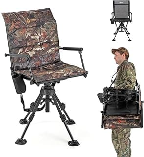 ARROWHEAD OUTDOOR Wide Folding 360° Hunting Swivel Blind Chair with Removable Camouflage Seat Pad, Armrest, No-Sink Feet, Shoulder Strap, Mesh Chair, Adjustable Height