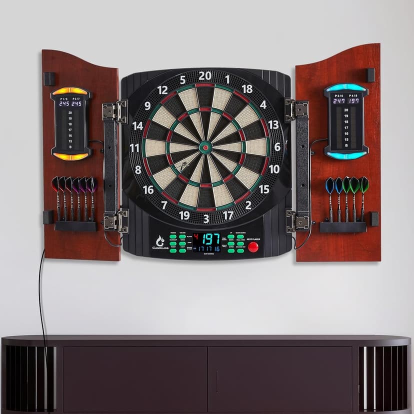 Electronic Dart Board with Wooden Door, Electric Dartboard with Heckler & Light Effects, Digital Soft Tip Dartboards for Game Room Man Cave Bar, 12 Darts, 100 Soft Tips