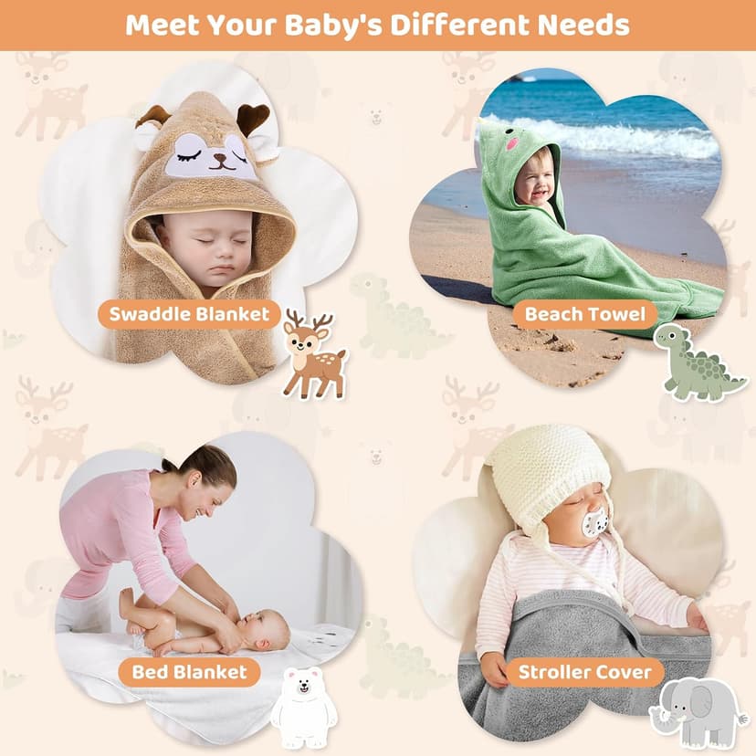 4 PCS Baby Towels & 8 PCS Washcloths Set, Cute Animal Hooded, Ultra Absorbent & Soft, Newborn Shower Gifts for Boys & Girls 12 PCS Baby Bath Towels Set for Infants Toddlers Essentials B0F3JC4GWM