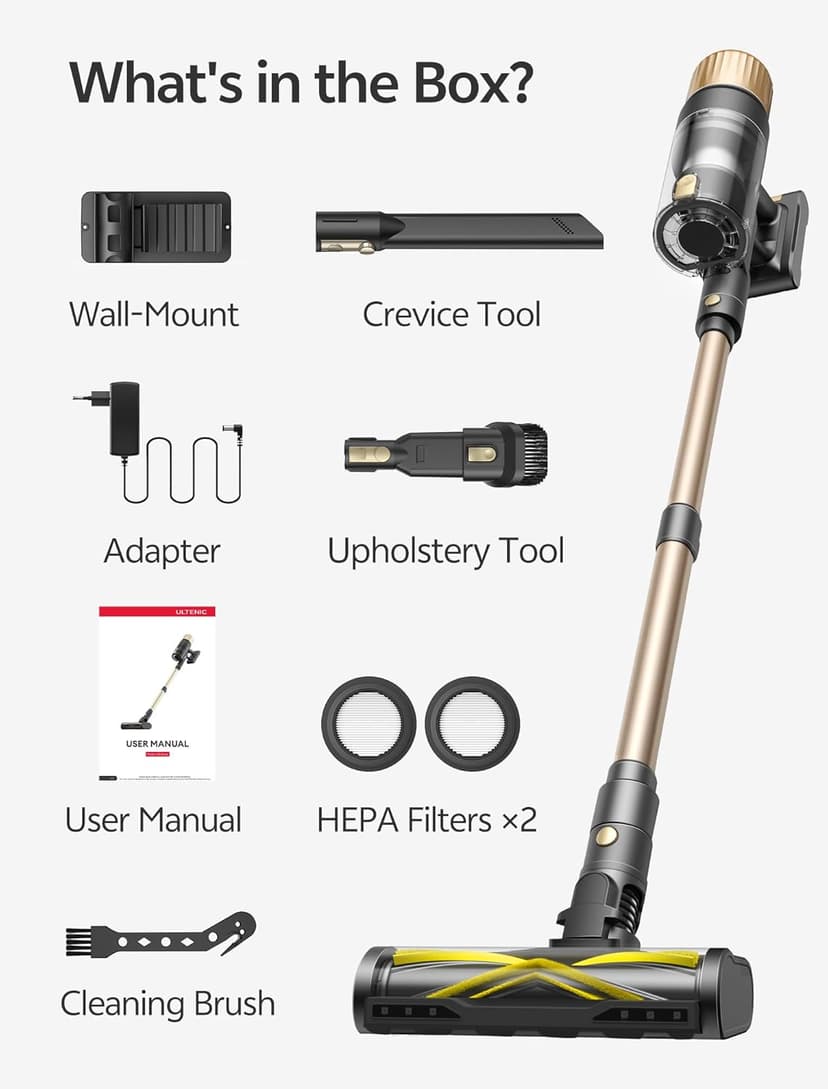 Ultenic Cordless Vacuum Cleaner, 550W 50KPA 65min Runtime, Stick Vacuum with Green Light, Self-Standing & 180° Lay-Flat, Anti-Tangled Brush, Vacuum Cleaners for Home/Hard Floor/Carpet/Pet Hair, U15