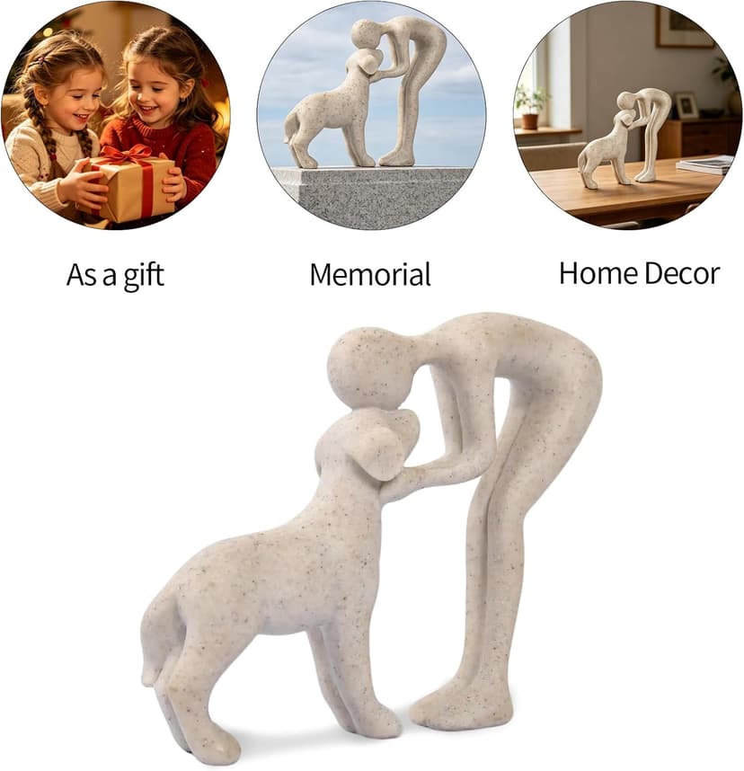 abstract sculpture celebrating the bond between person and pet. Intimate head-to-head Touching memory keepsake for dog lovers Abstract Person and Dog Head-to-Head Figurine Sandstone B0D9JVYT9V
