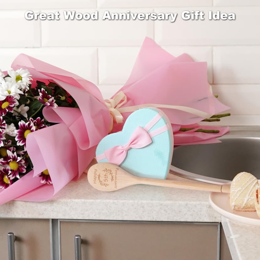 5 Year Anniversary Wood Gifts for Her Him - Happy 5th Wedding Anniversary Spoon Wooden Gifts for Wife Husband Men Couples Marriage, Handmade Engraved Spoon 12×2.2 in