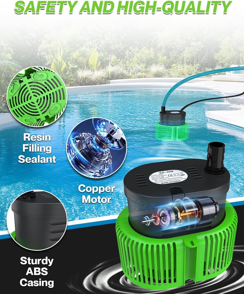 Pool Cover Pump above Ground - Submersible Water Sump Pump Swimming Water Removal Pumps, with Drainage Hose & 25 Feet Extra Long Power Cord, 850 GPH inGround, 3 Adapters