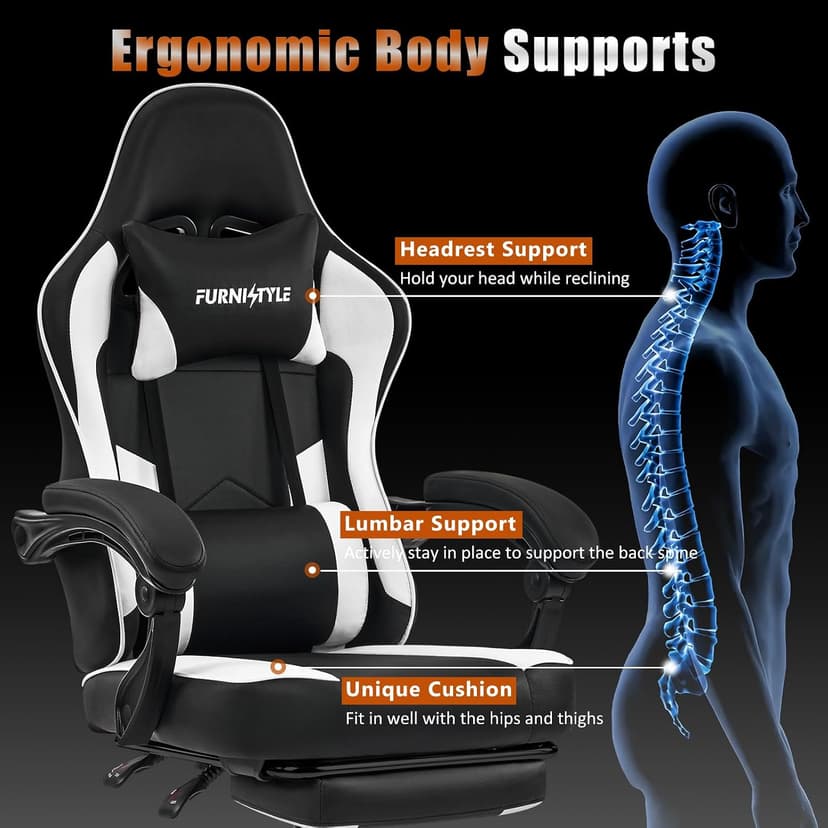 Gaming Chair with Footrest, Reclining Video Game Chairs for Adults with Lumbar Support, Linkage Armrests, Ergonomic Computer Chair for Gaming or Office, PU Black-White