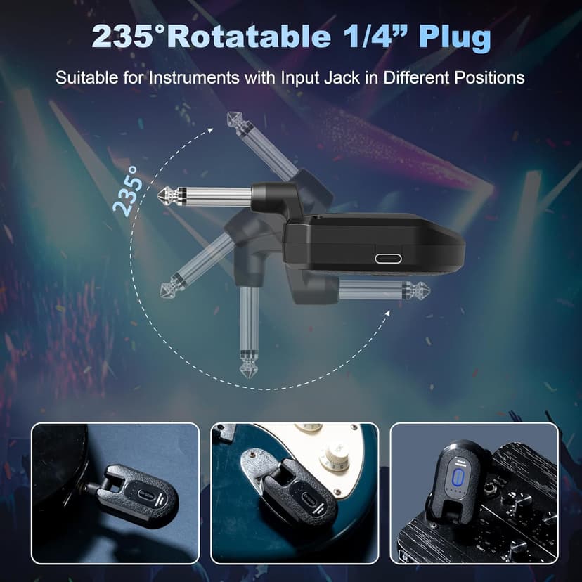 EX GEAR High-Grade Wireless Guitar System 2.4GHz Wireless Guitar Transmitter Receiver Rechargeable, 4 Signal Channel, 235° Rotating Plug, 50m Range for Bass Guitar Electric Instruments