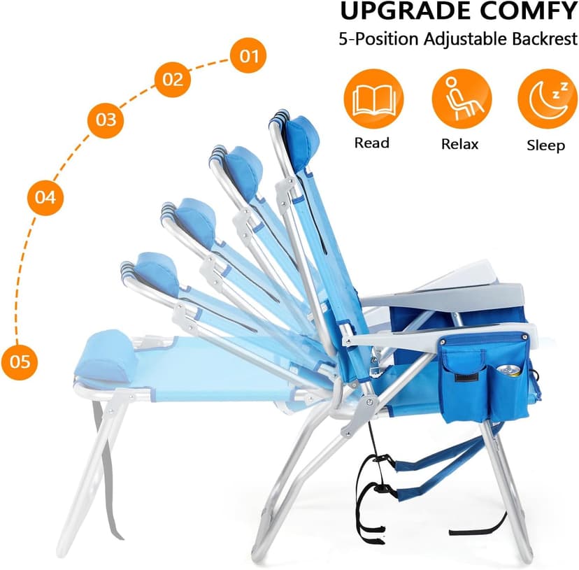 VINGLI Tall Beach Chair 2 Pack Lightweight, Backpack Beach Chair for Adults with 5-Position, Cooler Bag, Cup Holders, Towel Bar, Folding Beach Camping Chairs(16“-Blue)