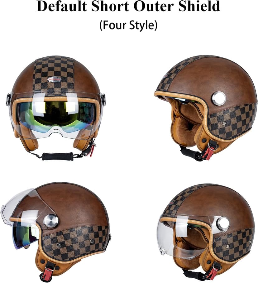 Dual Visor 3/4 Open Face Motorcycle Helmet for Men & Women, DOT Approved Unisex Retro Half Helmet,Motorbike Casco for Moped Cruiser Bobber and Chopper