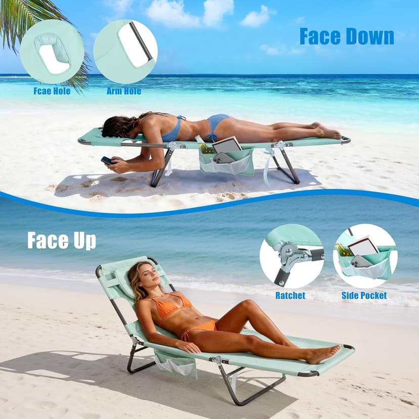 SUNNYFEEL Beach Lounge Chair, Reclining Beach Chairs Lay Flat, Sun Face Down Tanning Chair, Folding Camping Chairs Portable Camp Cot with Backpack Straps for Outdoor/Picnic/Lawn