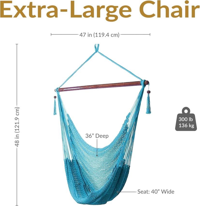 Sunnydaze Outdoor Hammock Chair Swing for Reading - Hanging Hammock Swing for Indoor or Patio - 300lb Capacity - Caribbean XL - Sky Blue
