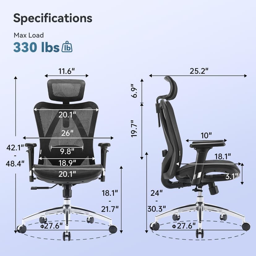 SIHOO M57 Ergonomic Mesh Office Chair, High Back Home Desk Chair with 3D Armrests, Lumbar Support and Adjustable Headrest, Comfortable Computer Chair, Big & Tall Office Chair Hold 330 LBS-Black