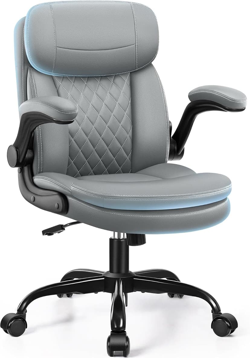 Leather Office Chair, Upgraded PU Computer Desk Chairs with Double-Layer Seat Cushion and Neckrest, 360°Swivel, Ergonomic Small Gaming Chair with Wheels and Adjustable Armrests for Short People, Grey
