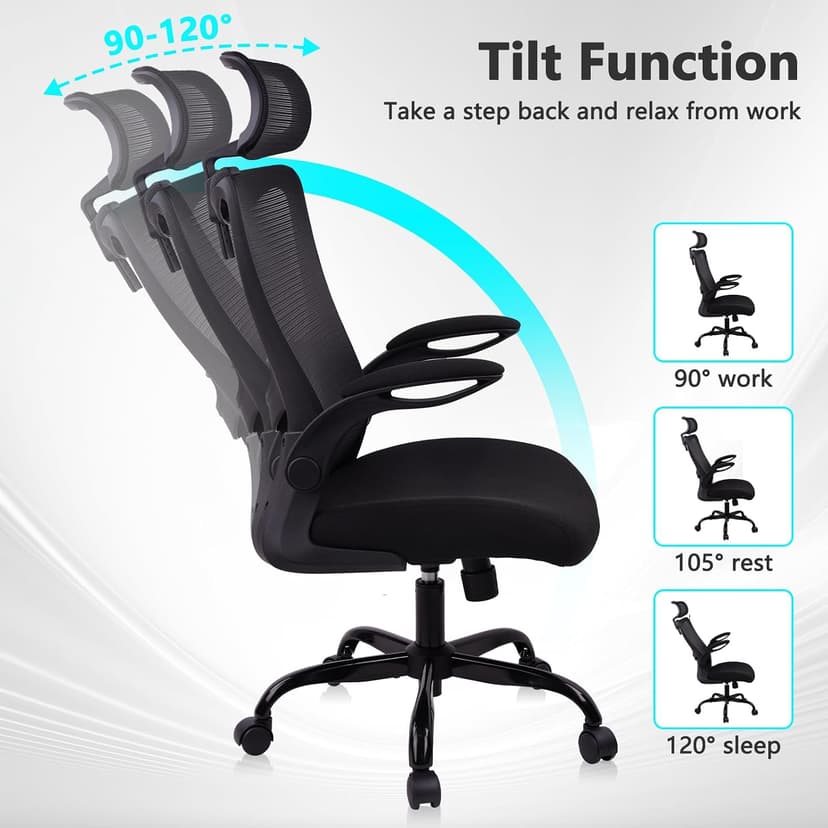 CLATINA Heavy Duty Ergonomic Mesh Office Chair 400LBS, Big and Tall Desk Chair with Adjustable Lumbar Support & Headrest, Flip Up Padded Arms, Swivel Computer Chair for Home, Study, Conference, Black