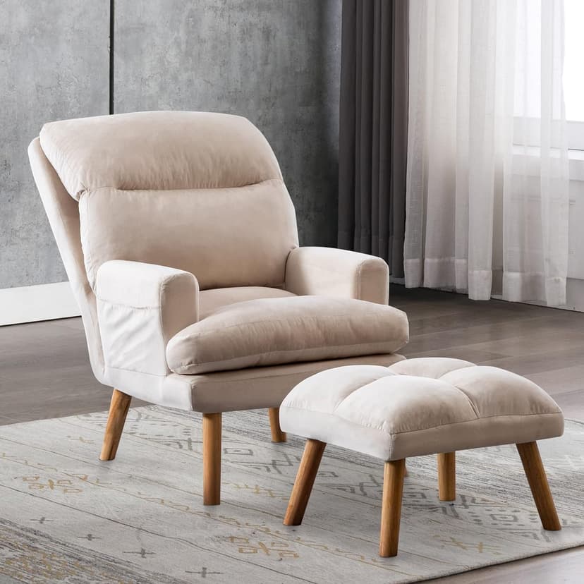 INZOY Accent Chairs with Ottoman Set, Modern Velvet Armchair with Adjustable Backrest, Comfy Lounge Chair for Living Room Bedroom, Beige