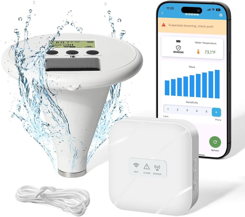 WiFi Pool Alarm, Zuomeng Solar Wave Pool Alarm with Optimal Sensitivity, Remote Control by App, Dual Alarming via Device & App, Offering Extra Protection for Your Child and Pet