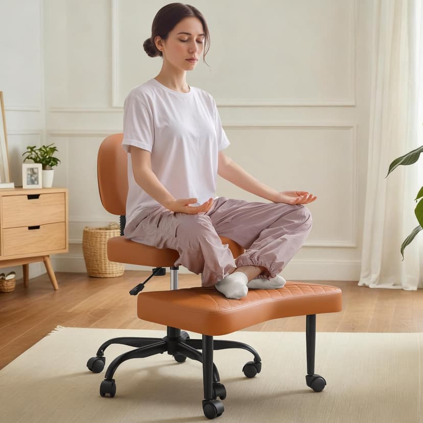 Shahoo Ergonomic Cross Legged Office Chair with Wheels - Adjustable Height Kneeling Meditation Chairs for ADHD, Yoga & Desk Work - Wide Criss Cross Seat with Lumbar Support, (Faux PU,Brown)