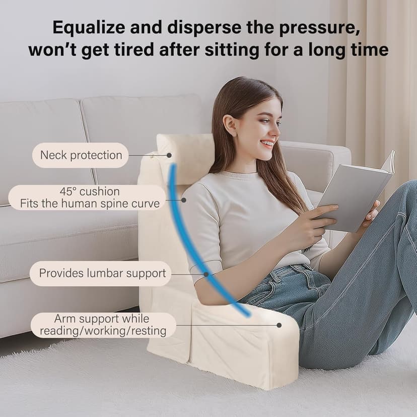 ENITYA 19" Back Pillow for Bed Sitting up, Big Pockets and Washable Removable Cover, Reading Chair for Watching TV/Reading/Gaming/Resting in Bed, Couch or Floor, Medium(Ivory)