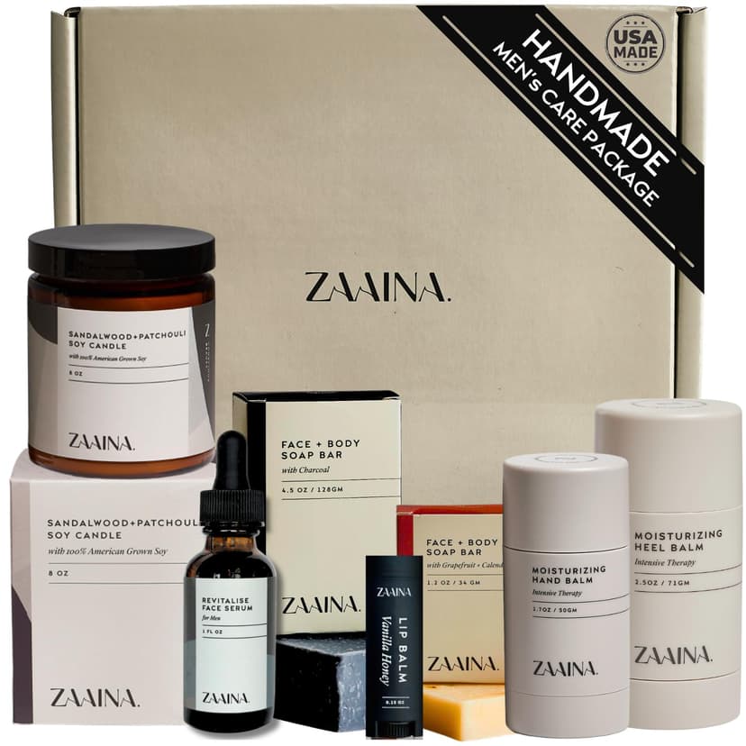 Natural self-care gift box with handcrafted grooming essentials to help him relax, recharge, and look his best. ZAAINA Men's Self Care Gift Box | Relaxation Grooming Gift Set B0CS2T3955