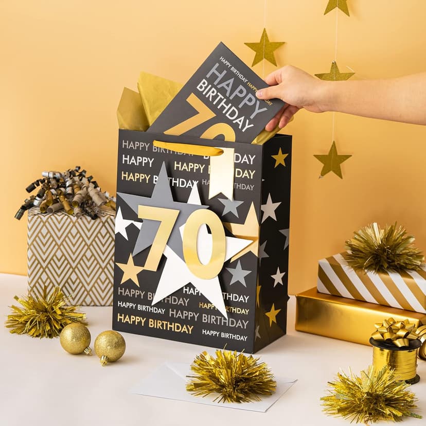 Loveinside Birthday Gift Bag with Tissue Paper and Greeting Card for 70 Birthday - 10" x 5" x 13", 1 Pcs, Black Gold