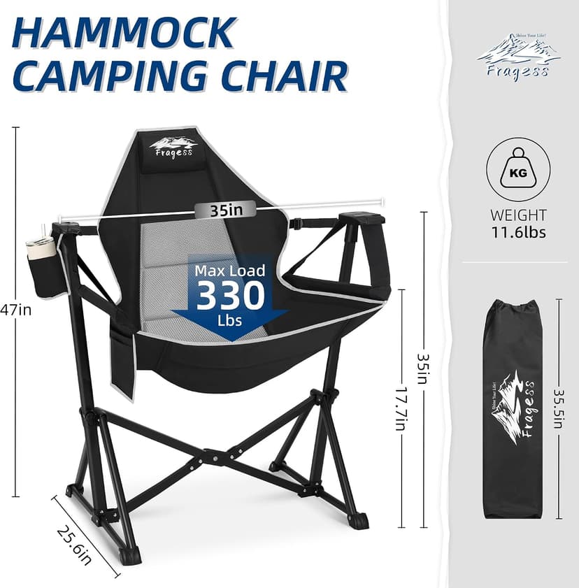 Fragess Portable Hammock Camping Chair with Adjustable Back, Folding Hammock Chair Supports 330lbs, Camping Swing Chair for Adults, Camping Hammock Chair for Lawn, Concerts, Backyard, Stargazer