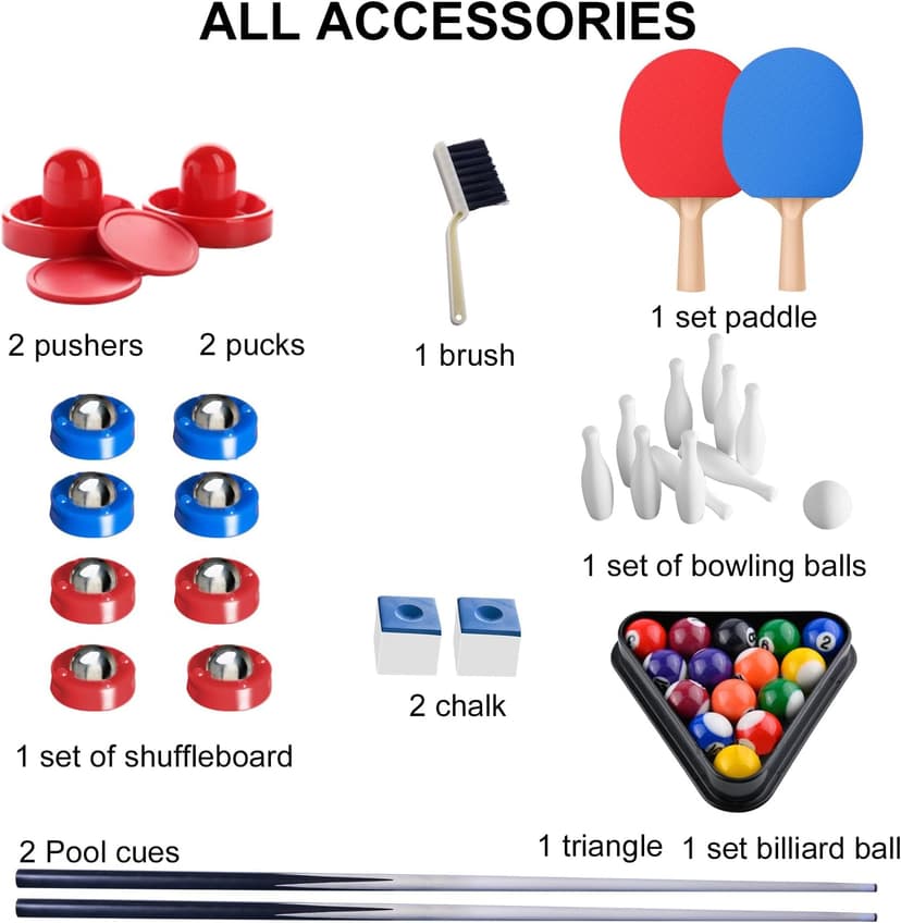 5in1 Multi-fuction Games Table,Folding Multi Game Combination Table Set with Ping Pong, Pool Billiards, Air Hockey, Bowling, and Shuffleboard for Indoor, Outdoor