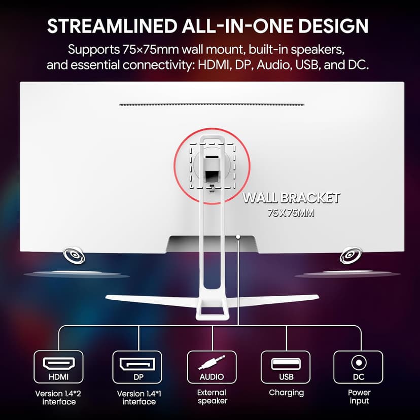 CRUA 34'' Ultrawide Gaming Monitor 120HZ, 21:9 WFHD 2560X1080 IPS Panel Computer Monitors with Built-in Speakers, Support AMD FreeSync, 120% sRGB, DP1.4 & HDMI1.4, Wall Mountable Installs-White