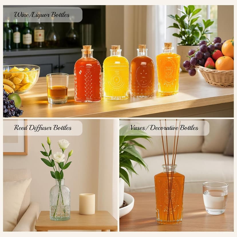 12 Pack 6oz Glass Bottles with Cork Stoppers, 200ml Clear Glass Liquor Bottles with 4 Vintage Patterns, Refillable Whiskey Bottles for Wine, Oil, Vinegar, Kombucha, Wedding Favors