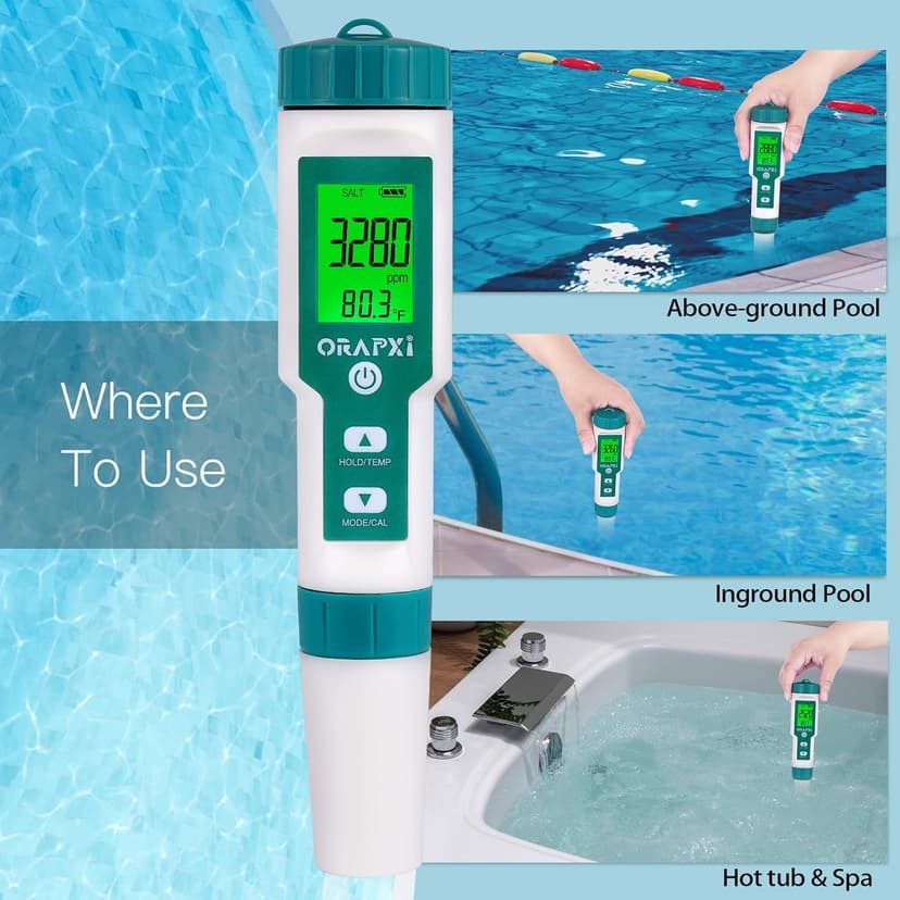 Pool Salt Tester ORAPXI pH and Salt Meter for Saltwater Pool pH and Salinity Digital Tester 5 in 1 Salt Meter for Swimming Pools Hot Tubs and Swim Spas
