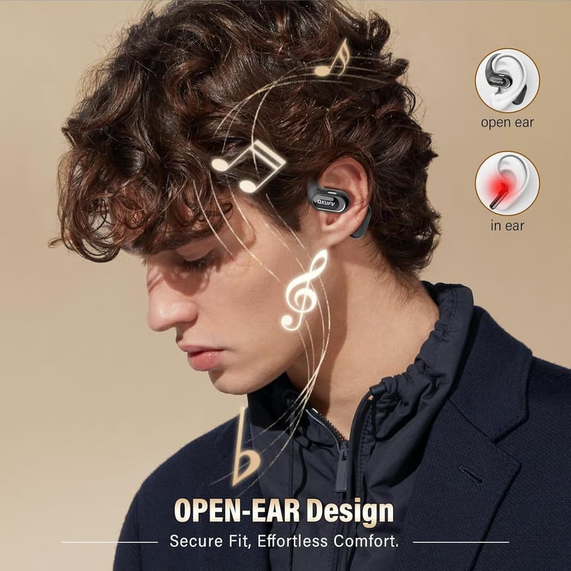 Open Ear Headphones, Bluetooth 5.4 Wireless Earbuds Premium Sound with HD Mic, 48H Playtime LED Power Display Auto Pairing Ear Buds, IPX7 Lightweight Comfort Earphones for Sporting, Working, Black