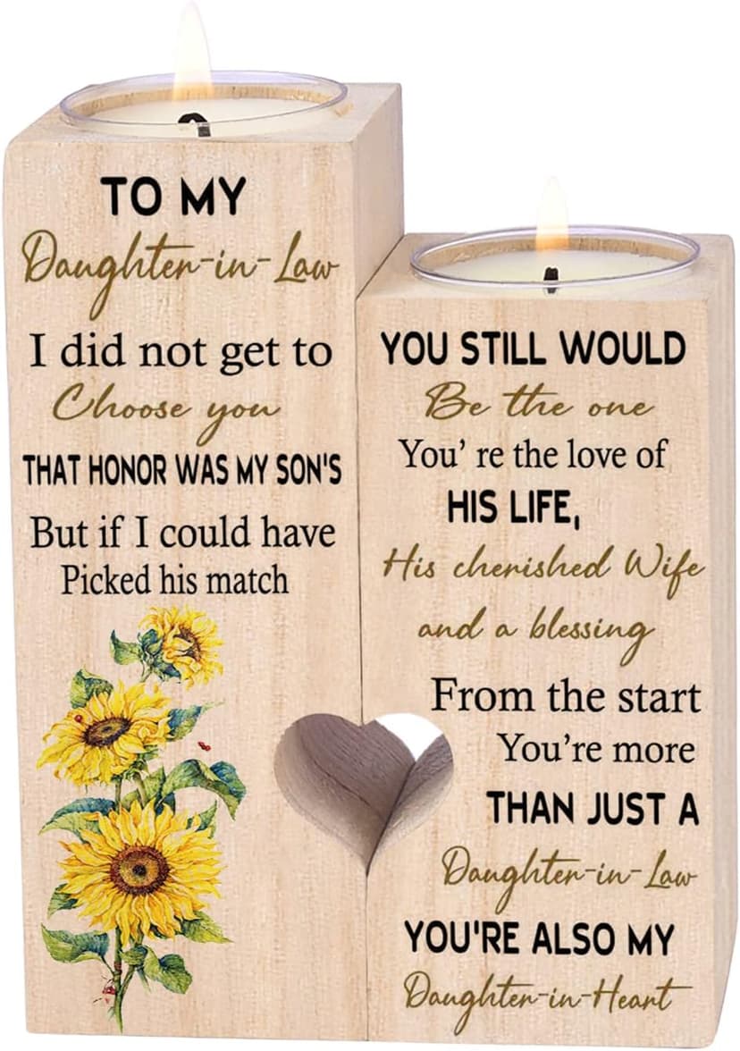 to My Daughter-in-Law from The Start You're More Than JUST A Daughter-in-Law You're Also My Daughter-in-Heart Personalized Wooden Candle Holder for Couple Birthday Candle Decoration B09N3J7HYY