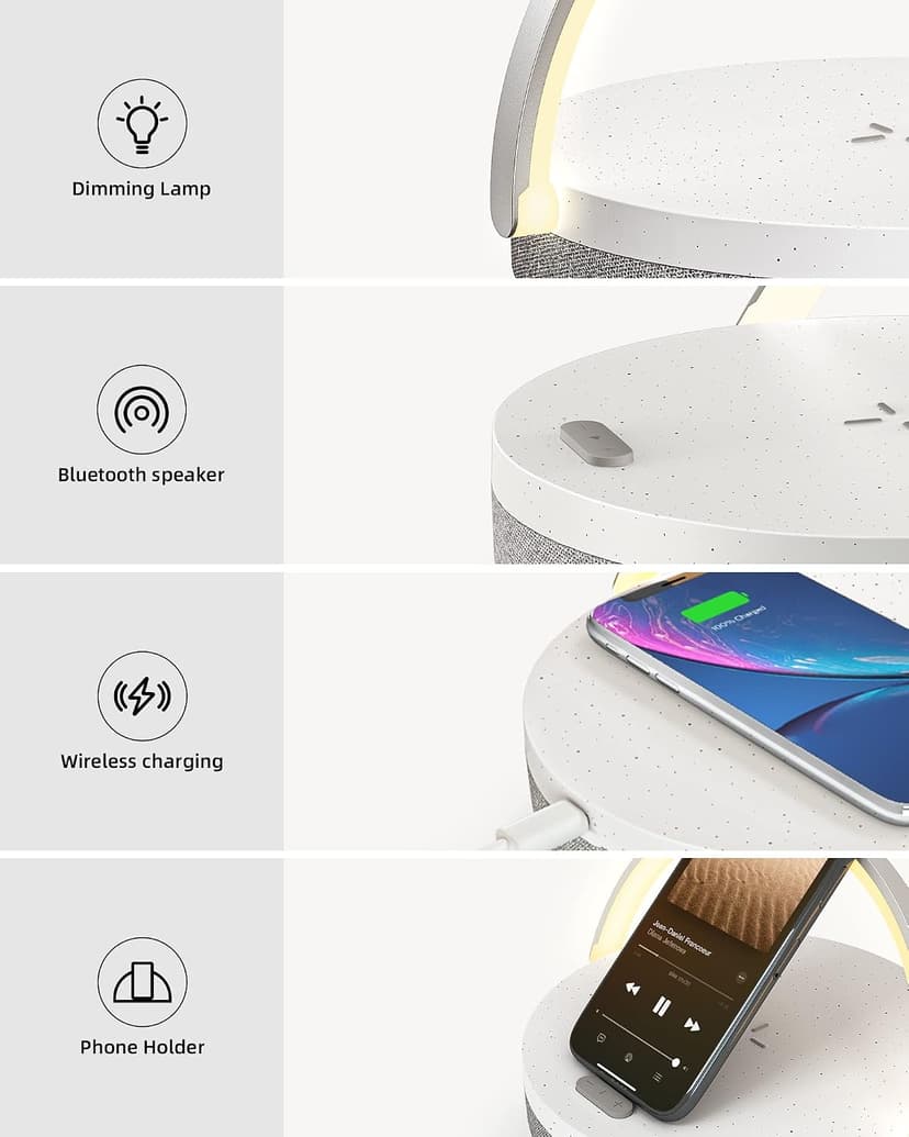 EZVALO Gift for Her, Music Table Lamp with Wireless Charger, 4 in 1 Touch Bedside Lamp, Portable Bluetooth Speaker, Phone Holder, Dimmable LED Night Lights Birthday Gifts for Women, Men, Dad, Mom