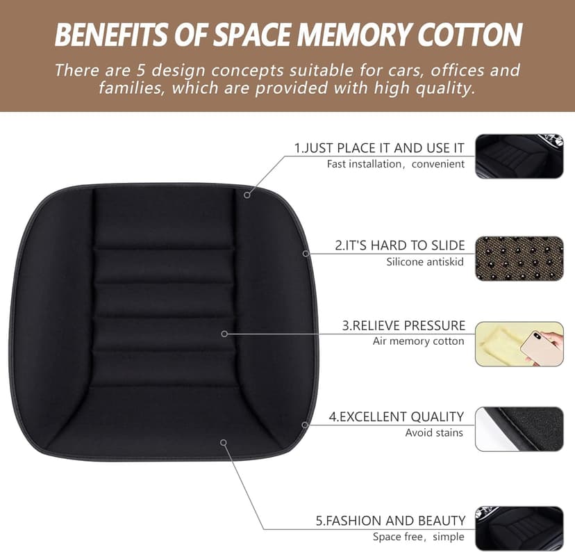 MYFAMIREA Car Seat Cushion Pad 1.2" Thick Comfort Seat Protector for Car Driver Seat Office Chair Home Use Memory Foam Seat Cushion with Non Slip Bottom, 20'' x 18.5'', Black