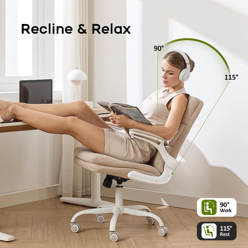 amseatec Office Chair Adjustable Desk Chair Mid Back Executive Comfortable Fabric Ergonomic Back Support Home Computer Chair with Padded Flip-up Armrest Swivel Wheels (Beige)
