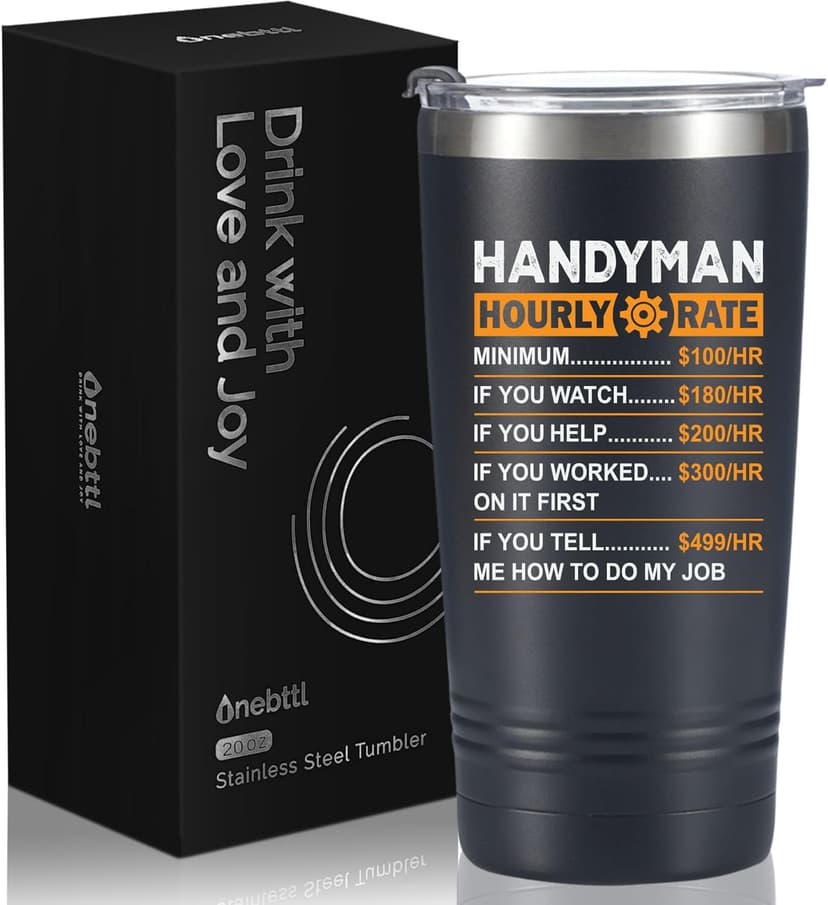 Onebttl Funny Handyman gifts for Men, Handyman Gifts Idea, 20 oz Insulated Stainless Steel Tumbler, Hourly Rate Travel Mug