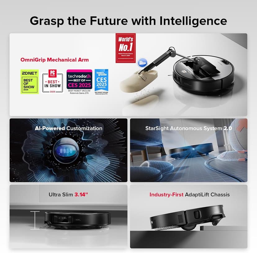 roborock Saros Z70 Robot Vacuum and Mop, OmniGrip Arm, AI-Powered, 22,000Pa Suction, 3.14’’ Ultra Slim, FlexiArm Riser Technology, AdaptiLift Chassis, Obstacle Avoidance, Auto Mop Washing & Drying