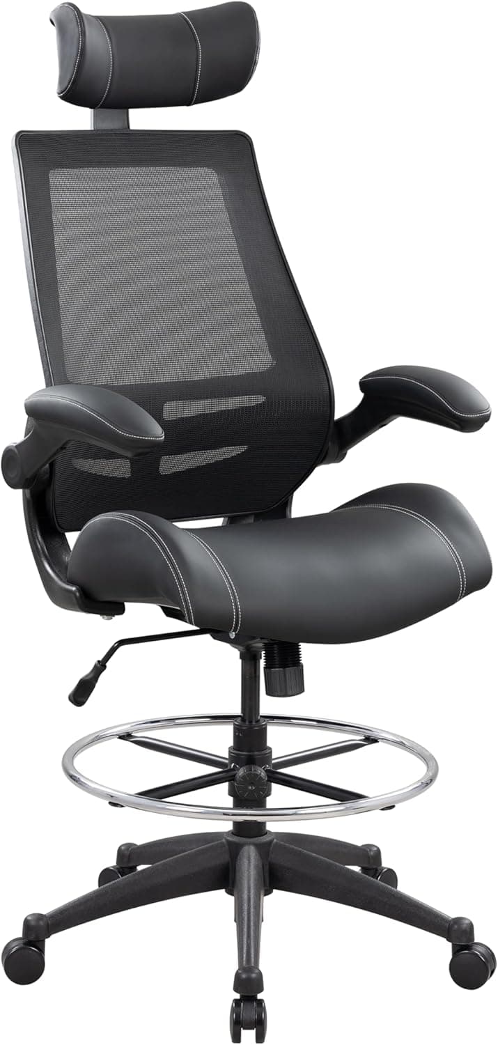 BOLISS Ergonomic Drafting Chair with 4-Level Adjustable Headrest Tall Standing Desk Stool with Soft Microfiber Leather Seat, Breathable Mesh Back, 90° Flip-Up Arms, and Adjustable Foot Ring