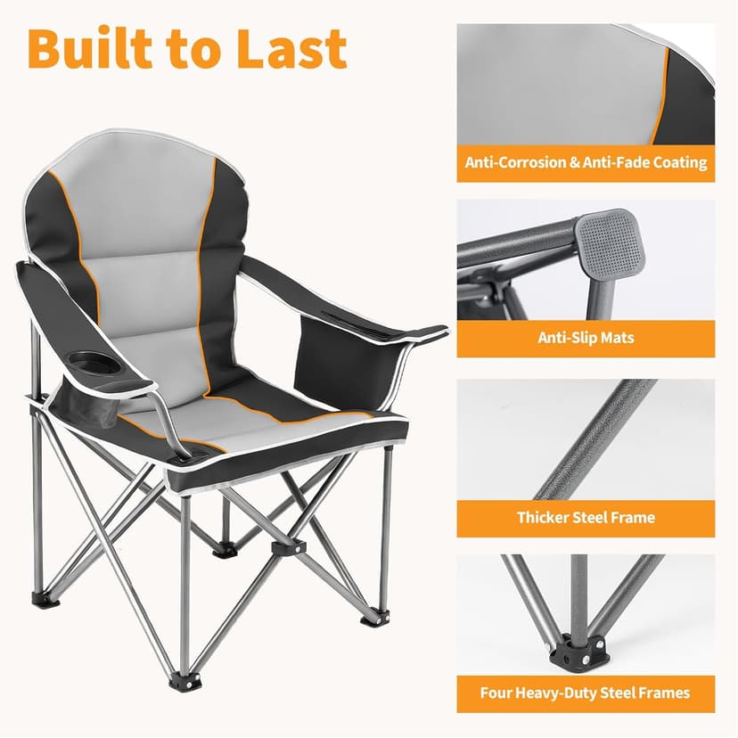 NEWBULIG Oversized Folding Camping Chair for Adults, Portable Outdoor Collapsible Chairs, 500 LBS Heavy Duty Support, with Cup Holders, for Lawn, Fishing, Hiking, Black