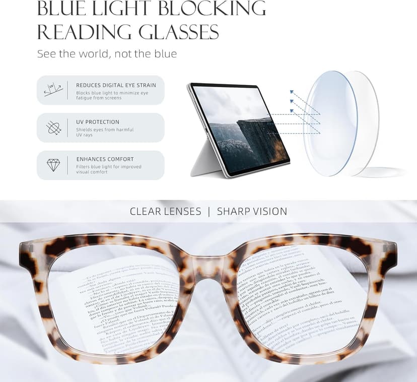 Reading Glasses for Women Men - Blue Light Blocking Magnifying Readers,Square Anti-Glare Computer Eyeglasses