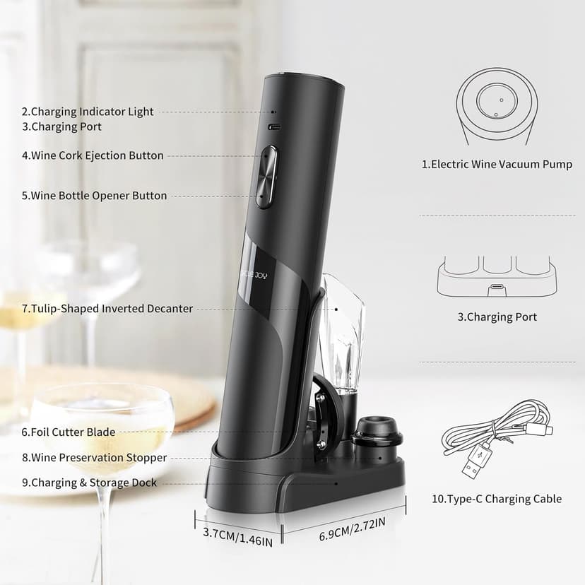 CIRCLE JOY Rechargeable Wine Opener Electric Wine Bottle Opener 7-in-1 Wine Gift Set with Electric Vacuum Pump, Charging Station, Foil Cutter, Wine Aerator Pourer and 2 Wine Stoppers