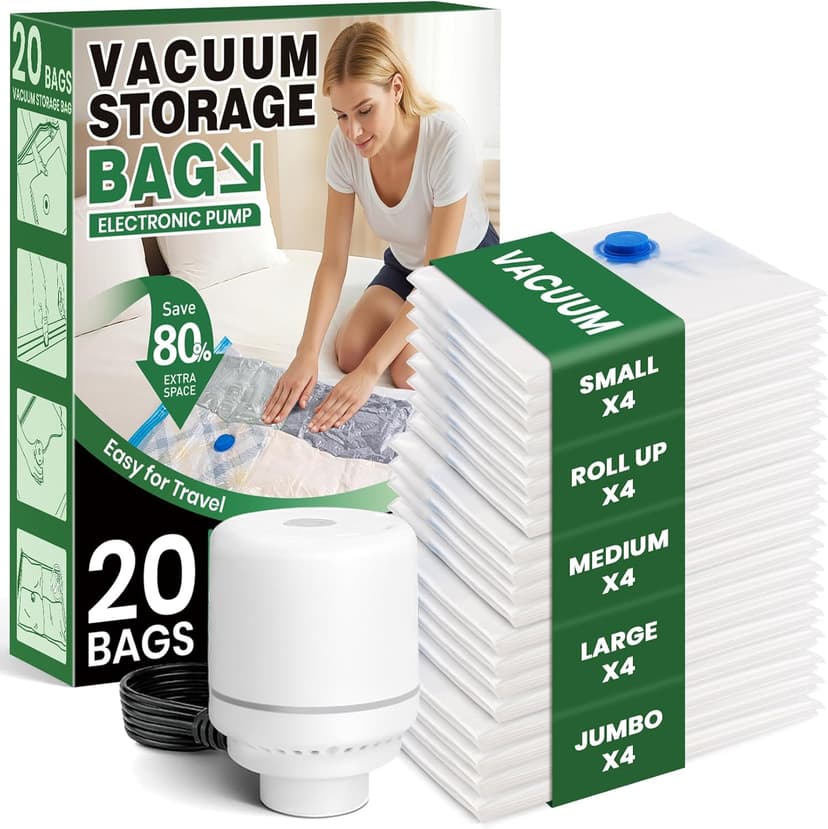Vacuum Storage Bags,20Pack Vacuum Seal Bags with Electric Air Pump,Vacuumm Seal Bag for Clothing,Travel,Clothes,Comforters,Blankets,Pillows-4 Jumbo+4 Large+4 Medium+4 Small+4 Roll Up Space Saving Bag