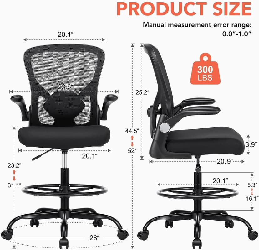 Drafting Chair, Tall Office Chair for Standing Desk, Mesh High Desk Chair with Flip-Up Armrests, Ergonomic Office Chair with Lumbar Support, Adjustable Footrest Ring Studio Chair, Black