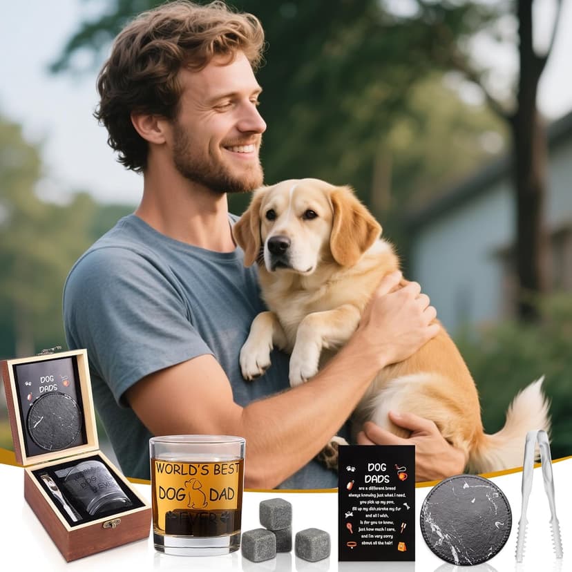 Dog Dad Gifts, Best Gift for Dad, Gift with 12oz Whiskey Glasses, Stones, Coaster, Wooden Box for Dogfather